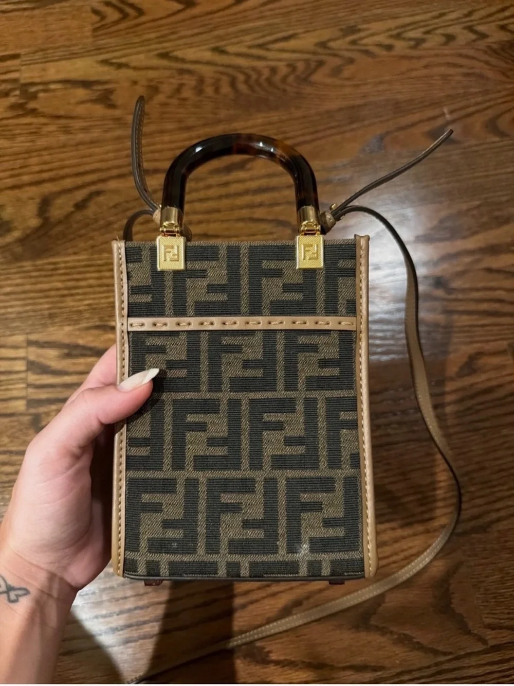 Fendi Brown & Black FF Monogram Mini Tote with Tortoiseshell Handle